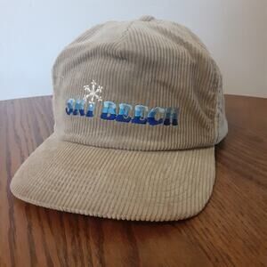Vtg Ski Beech Mountain Corduroy Hat Embroidered Logo Trucker Baseball Beige 80s